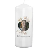PhotoFancy® - Personalisierte Geburtstagskerze - Fotokerze mit eigenem Foto/Text bedrucken lassen - Kerze mit Geburtstags-Design: Aquarellblumen - 19 cm Höhe