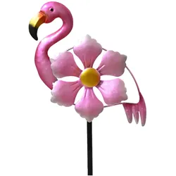 Decoris Dekofigur Flamingo mit Blume 79cm Metall Gartenstecker Outdoor Tierfigur Gartendeko Metallfigur Außenbereich Metallstecker wetterfest