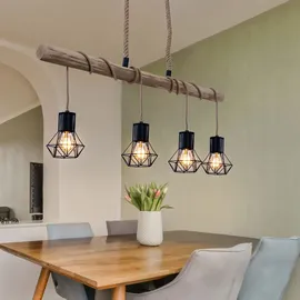 GLOBO LED Hängeleuchte Esszimmerlampe Deckenleuchte Pendellampe, Holz Balken, Hanfseil, Retroleuchte Vintage Rustikal, 4-Flammig, 4x E27 Filament LED warmweiß, Länge 100 cm