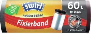 Swirl® Müllbeutel Reißfest, mit Fixierband, 60 Liter,  Besonders reißfeste, dichte und tropfsichere Mülltüten, 1 Rolle = 10 Beutel