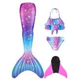 FOLOEO Meerjungfrauenflosse Mädchen Kinder Meerjungfrauenschwanz Zum Schwimmen mit Meerjungfrau Flosse und Bikini Set(4 Stück Set) - 150