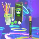 Bierpong Becher Set Glow-Sticks mit 20 Plastik-Becher + 40 Leuchtstäbe Knicklichter Party Set + 4 Beerpong Bälle, Mehrweg Beerpong Becher (Glow Pong Becher Set)