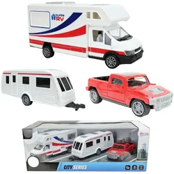 Toi-Toys - Modellfahrzeug Set - Wohnmobil + Wohnwagen + Pick-Up-Truck