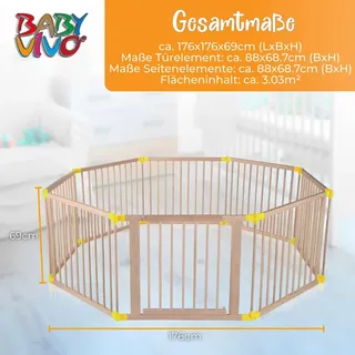 BABY VIVO Laufgitter aus Holz 8 Elemente - individuell verstellbar - PREMIUM in Gelb