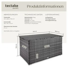 Tectake tectake® Auflagenbox, mit Aluminiumgestell und Rattangeflecht, komfortable Hubautomatik, 145 x 82,5 x 79,5 cm