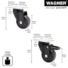 Wagner design yourself DESIGN 3C Lenkrollen/Transportrollen/Möbelrollen-4tlg 2 ohne Bremse, Anschraubplatte, X4er Set-Schwarz, (Ø) 50 mm