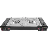 Camping Gaskocher 2-flammig mit Grillplatte 45x24 cm, Campingkocher Gas Kochfeld für Outdoor und Innenraum, Balkon Tisch Doppelgaskocher mit Piezozündung