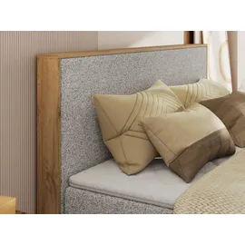 MKS Meble Boxspringbett WOOD CLASSIC KING, Doppelbett mit zwei Multipocket-Matratze und Toppper, hohe Kopfteil, Stauraum - 180 x 200 cm - H3 - Hellgrau
