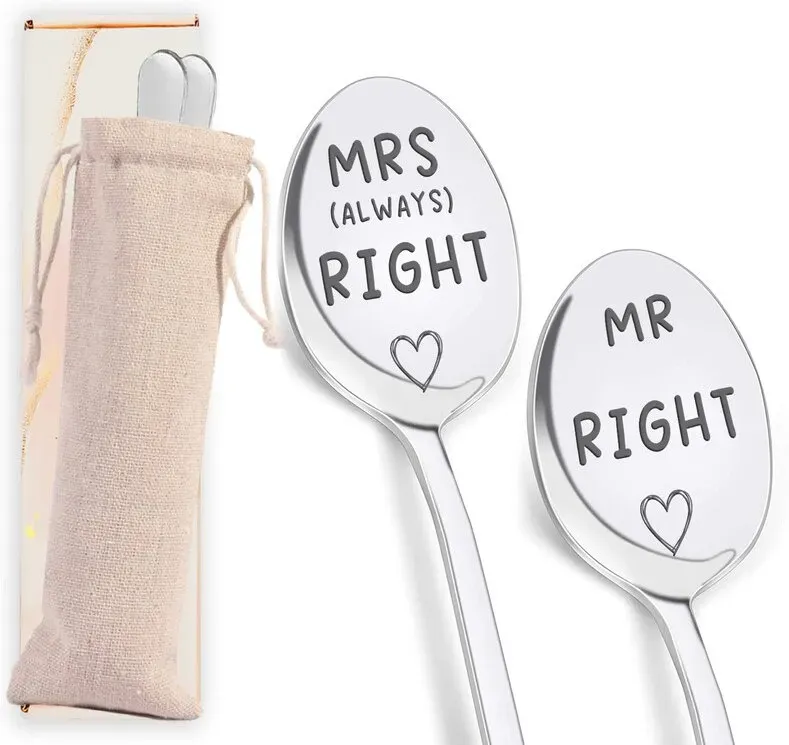 Alphynix 2-teilige Mr & Mrs Right Löffelsammlung, verspieltes Ehepartner-Motiv-Besteck mit 