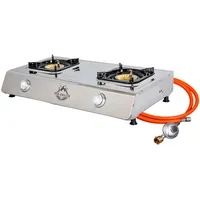 BSR-Grillen Gaskocher Edelstahl Campingkocher mit insg. 9,9 kW Leistung, Piezozündung, Zündsicherung, 150 cm Gasschlauch, Druckminderer 50 mbar, Pfannenständer aus Emaille (2-flammig)