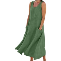 AACH Damen Leinenkleid Sommer Kleid Baumwolle Leinen Freizeitkleid Knielang Strandkleid U-Ausschnitt Sommerkleid Ärmelloses Boho Leinenkleider Einfarbig Strandkleider mit Taschen Kleider - XXL