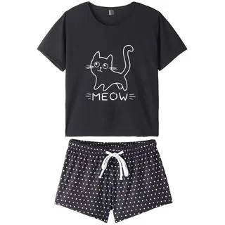 MyFav Damen Pyjamas Schlafanzug Bequem Stilvoll Katze Cartoon gedruckt Nachtwäsche, Schwarz, XX-Large - XXL