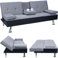 Mendler 3er-Sofa HWC-F60, Couch Schlafsofa Gästebett, Tassenhalter verstellbar 97x166cm ~ Kunstleder/Textil, schwarz/hellgrau
