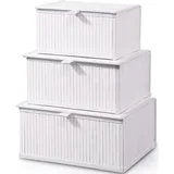 Honygebia Weiße Aufbewahrungsbox mit Deckel – Bambus Deko Aufbewahrungskorb, 3er Set Rattan Korb mit Deckel Gewebtem Stoffeinsatz für Badezimmer Küche Regal Organisation (Grosz/Mittel/Klein)