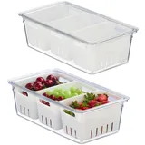 Relaxdays Kühlschrank, 2er Set, stapelbar, 3 Abtropfkörbe, Lebensmittel Organizer mit Deckel, transparent/weiß