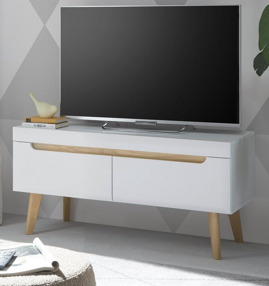 Furn.Design Lowboard Isgard (TV Unterschrank in weiß mit Scandi Eiche, 110 x 50 cm), mit Schubladen weiß