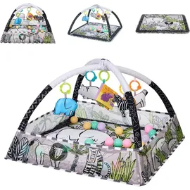 KIKKABOO Spielbogen, Krabbeldecke 2 in 1, Greiflinge, 18 Spielbälle, Bällebad grau