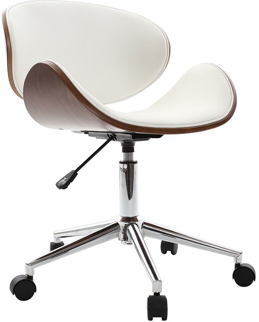 Chaise de bureau à roulettes design blanc, bois foncé noyer et acier chromé WALNUT
