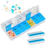 Relaxdays Tablettenbox im 3er Set, 7 Tage, 2 Fächer, morgens & abends, wöchentliche Pillendose für unterwegs, weiß/blau