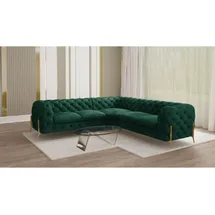 s-style möbel - Chesterfield Ecksofa Nova mit Goldene Metall Füßen aus Flasche Grün Samtstoff, B/T/H: 264 cm/ 264 cm/ 75 cm - Grün