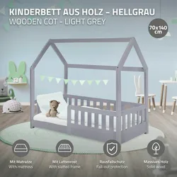 Kinderbett+Matratze Rausfallschutz Holzbett Kiefernholz Hausbett Grau 70x140 cm