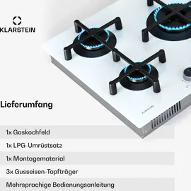 Klarstein Illuminosa 5 Gaskochfeld, 5 Sabaf-Brenner, 4 kW Wokbrenner, Gehärtetes Glas, Elektrische Zündung, Flammenausfallschutz, Topfhalter aus ... - Weiß