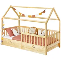 Idimex Hausbett NUNA aus massiver Kiefer, Montessori Bett in 90 x 200 cm mit Rausfallschutz, Spielbett mit Schubladen, modernes Kinderbett mit Dach in natur