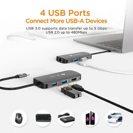 NOVOO USB-C-Hub, 7 in 1, Adapter USB C auf HDMI, 4 K, USB-C-Hub mit Ethernet, 4 x USB, 100 W PD Ladeanschluss, Mulitport Dock USB C Adapter kompatibel mit MacBook Pro MacBook Air
