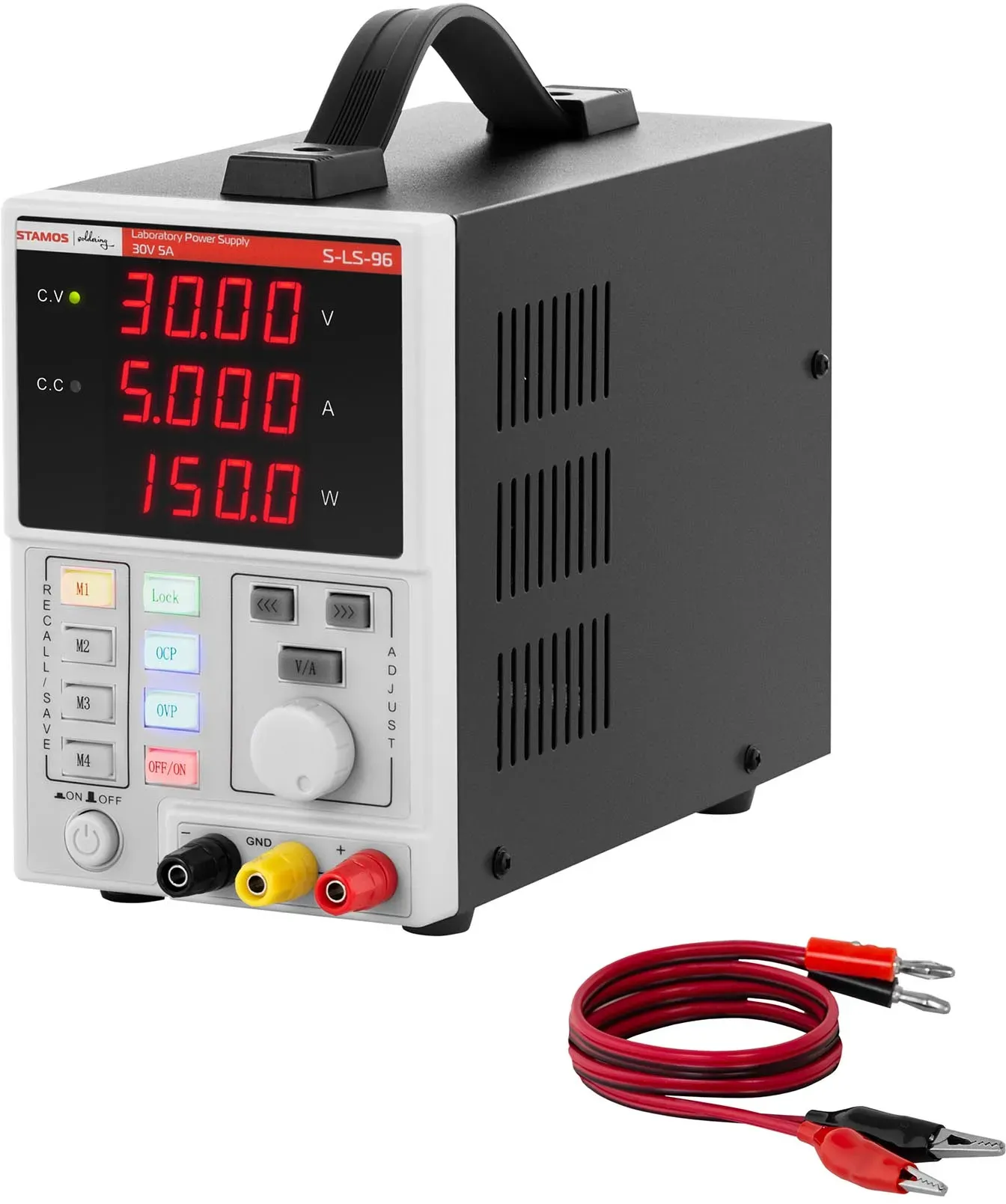 Stamos Soldering Labornetzgerät - 0 - 30 V - 0 - 5 A DC - 150 W - 4 Speicherplätze - 4-stellige LED-Anzeige S-LS-96