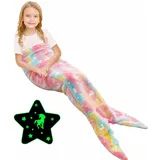 Ranedo Meerjungfrauenflosse Mädchen, Im Dunkeln leuchtende Einhorn Decke Meerjungfrau Decke, weiche Flanelldecke für Mädchen, tragbare Kuscheldecke für Kinder & Teens, 140 × 60 cm, Rosa