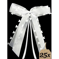 Praknu Dekoobjekt 25 Antennenschleifen Weiß mit Herzen N26 (Set, 25 St), Handgemacht I Satinband I Hochzeit Schleifen weiß