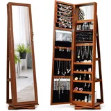 Costway - 2 In 1 Schmuckschrank & Leiterregal Mit Ganzkoerperspiegel Und Kleinem Schminkspiegel, Schmuck Spiegelschrank Abschliessbar Und Drehbar, Schmuckregal Stehend Braun