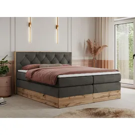 MKS Meble King Boxspringbett 180x200 mit Bettkasten Eiche, Polsterbett 180x200 mit Matratze H3, Bett 180x200 mit Kopfteil, Bett mit Holzrahmen in W... - Dunkelgrau