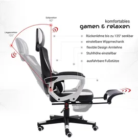 Trisens Gaming Stuhl im modernen Racing-Design mit einklappbarer Fußstütze - Gaming Chair mit flexiblen Armlehnen - ergonomischer Gaming Schreibtischstuhl mit extra Stützkissen