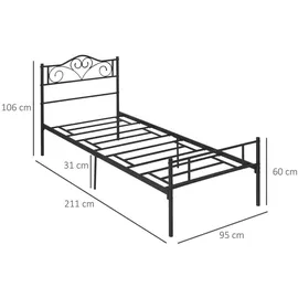 Homcom Bett 90 x 200 cm Stahl mit Lattenrost, Kopf- und Fußteil, 31 cm hoch Schwarz