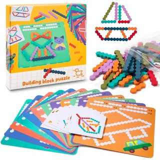 Geometrische Formen Tangrams Holz Puzzle Spielzeug, Hexagon Holzmuster Blöcke Bunte Hölzerne, Intelligenz Puzzle mit Design Karten, Lustiges Montessori Lernspielzeug Geschenke für Kinder Vorschule