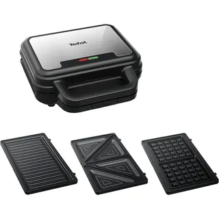 Tefal Ultracompact 3-in-1 Sandwich-Waffel-Panini Kombigerät, Antihaftbeschichtung, wärmeisolierter Griff, Edelstahl/Schwarz, SW383D10 Tischgrill, schwarz