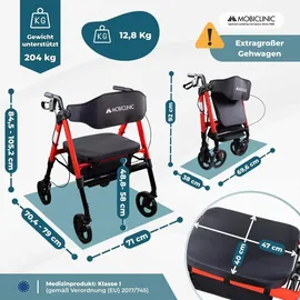 Mobiclinic Gehhilfe Klappbar XXL bis 204 kg verstärktes Aluminium rot