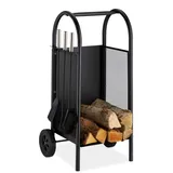 Relaxdays Kaminholzwagen mit Besteck, Brennholzkarre Stahl, Kaminbesteck 3-teilig, Schaufel, Besen & Schürhaken, schwarz, 81 x 37 cm