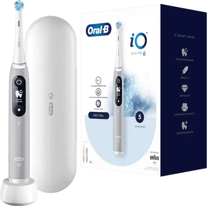 Oral-B iO 377269 Series 6 Elektrische Zahnbürste, 5 Putzmodi, Magnet-Technologie, Display & Reiseetui, Geschenk für Herren/Damen, Designed by Braun, Grau Opal