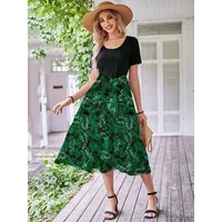 DEBAIJIA Dirndl Damen Röcke Sommer Floral Gedruckt Elegant Lässiger grün