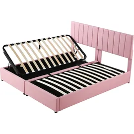 SOFTWEARY Stauraumbett mit Bettkasten und Lattenrost, (Kombinationsbett, 180x200 cm), Kopfteil höhenverstellbar, Polsterbett, Leinen - Rosa