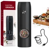 CIRCLE JOY Pfeffermühle Elektrische Gewürzmühle Wiederaufladbare mit Weißem LED-Licht, 70ml Fassungsvermögen und Einstellbarer Grobheit, Schwarz