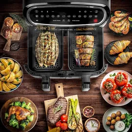 Duronic AF34 BK Heißluftfriteuse, XXL Heißluftfritteuse mit 2 Kammern für Pommes, Friteuse HLF 10L Volumen Airfryer, Air Fryer für Rezepte ohne Öl