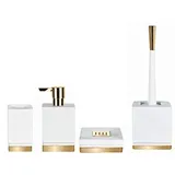 Spirella Badezimmer Set, 4-teiliges Badzubehör aus Porzellan Roma Seifenspender, WC Bürste, Seifenschale, Aufbewahrungsdose und Zahnputzbecher Weiß/Gold