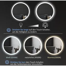 kleankin Badspiegel mit Beleuchtung Ø70 cm Runder led Spiegel Wandspiegel mit Touchschalter, Memory-Funktion Lichtspiegel mit 3 Lichtfarben, IP44