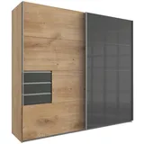 MID.YOU Boxxx Schwebetürenschrank, Graphit, Grau, Eiche, Metall, 5 Fächer, 3 Schubladen, 225x210x64 cm, Made in Germany, umfangreiches Zubehör erhältlich, in verschiedenen Größen und Holzdekoren erhältlich, Schlafzimmer, Kleiderschränke, Schwebetürenschränke