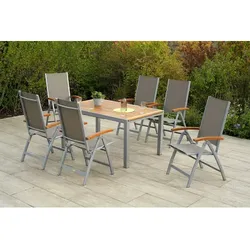 MERXX Gartenmöbelset »Naxos«, 7-tlg., klappbar/ausziehbar, Aluminium/Akazie/Textil - grau