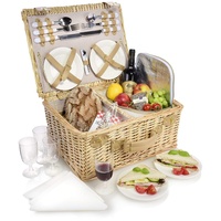 SÄNGER | Picknickkorb Fehmarn, 25-teiliges Set für 4 Personen, Weidenkorb, Besteck, Teller, Gläser, Kühltasche, Flaschenöffner