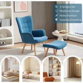 Homcom Ohrensessel mit Hocker Cord 72 x 95 x 70 cm Blau